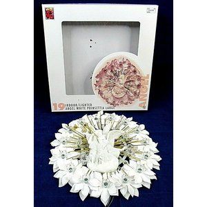 Vintage Christmas Angel Lighted Poinsettia Wreath Indoor w Trumpets